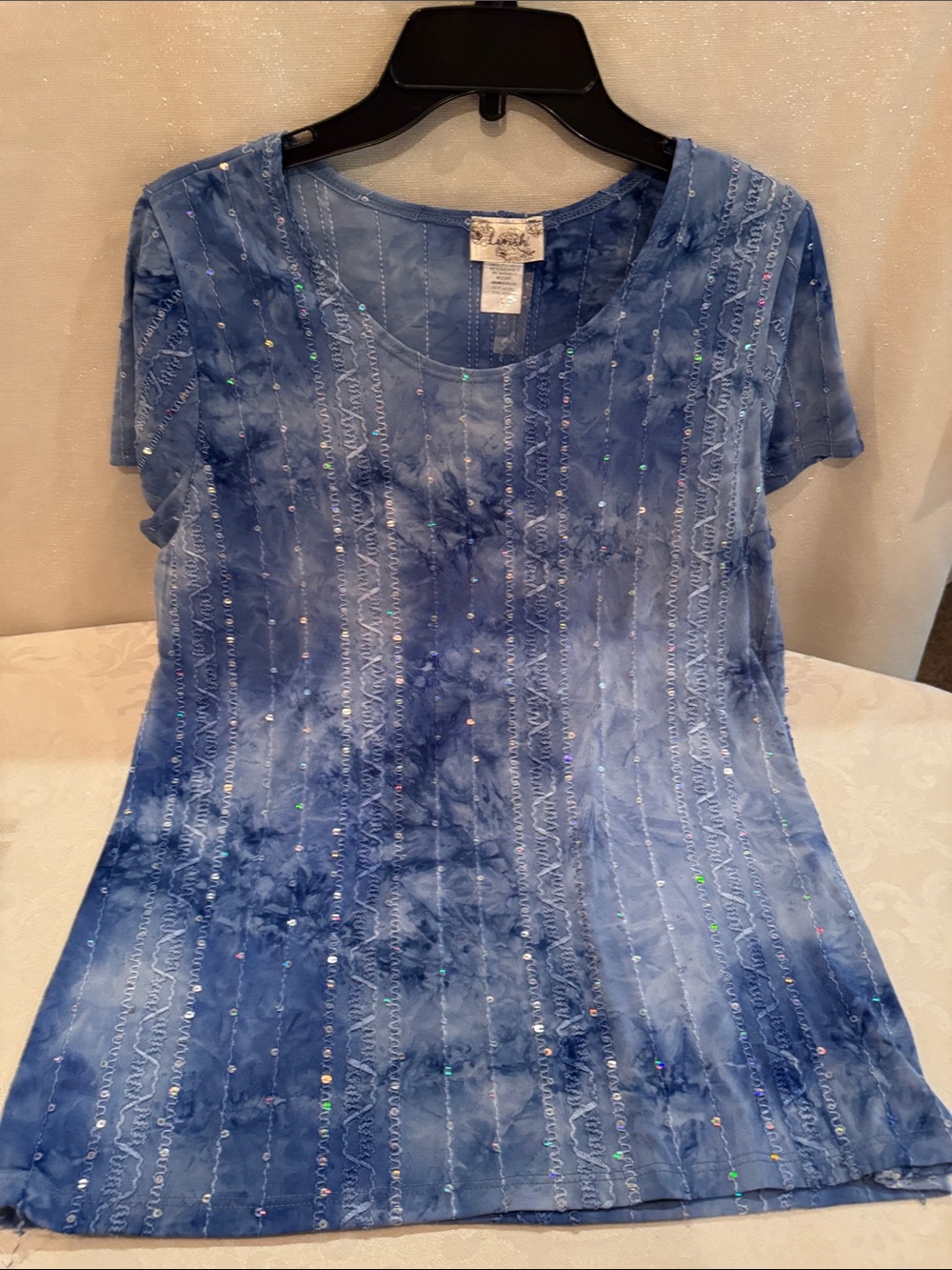 Lavish Blue Tie-Dye Sequin Short Sleeve Blouse